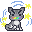 Pixel art of Peony, a gray mackerel tabby with white markings and a rainbow mustache. Shooting stars bounce around him. Image drawn by user xinhe (ID 2654).